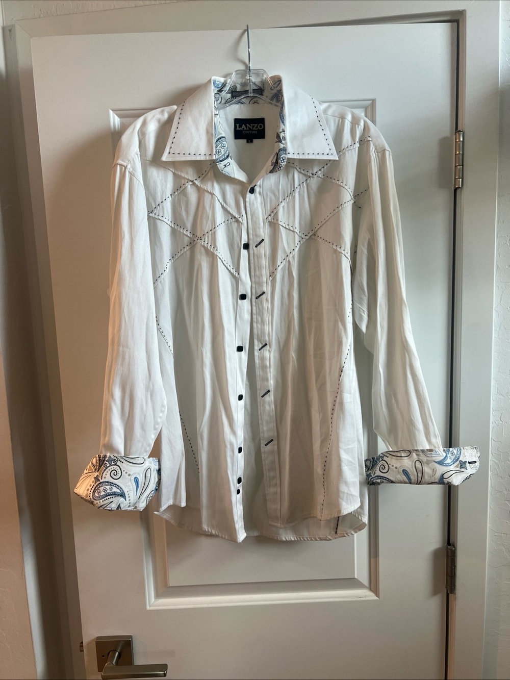 Lanzo White Western-Style Button-Up Shirt with Paisley Cuffs